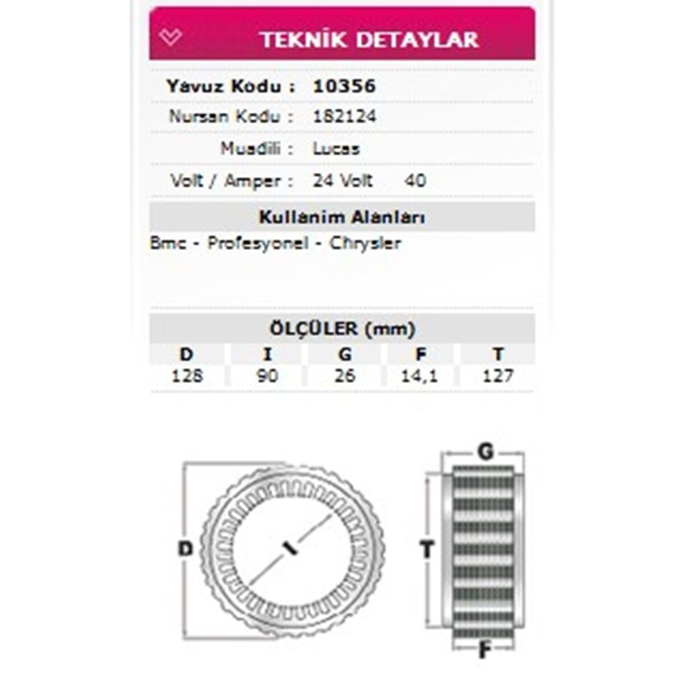 ALT STATOR BMC PROFESYONEL, CHRYSLER 24V 40A 182124