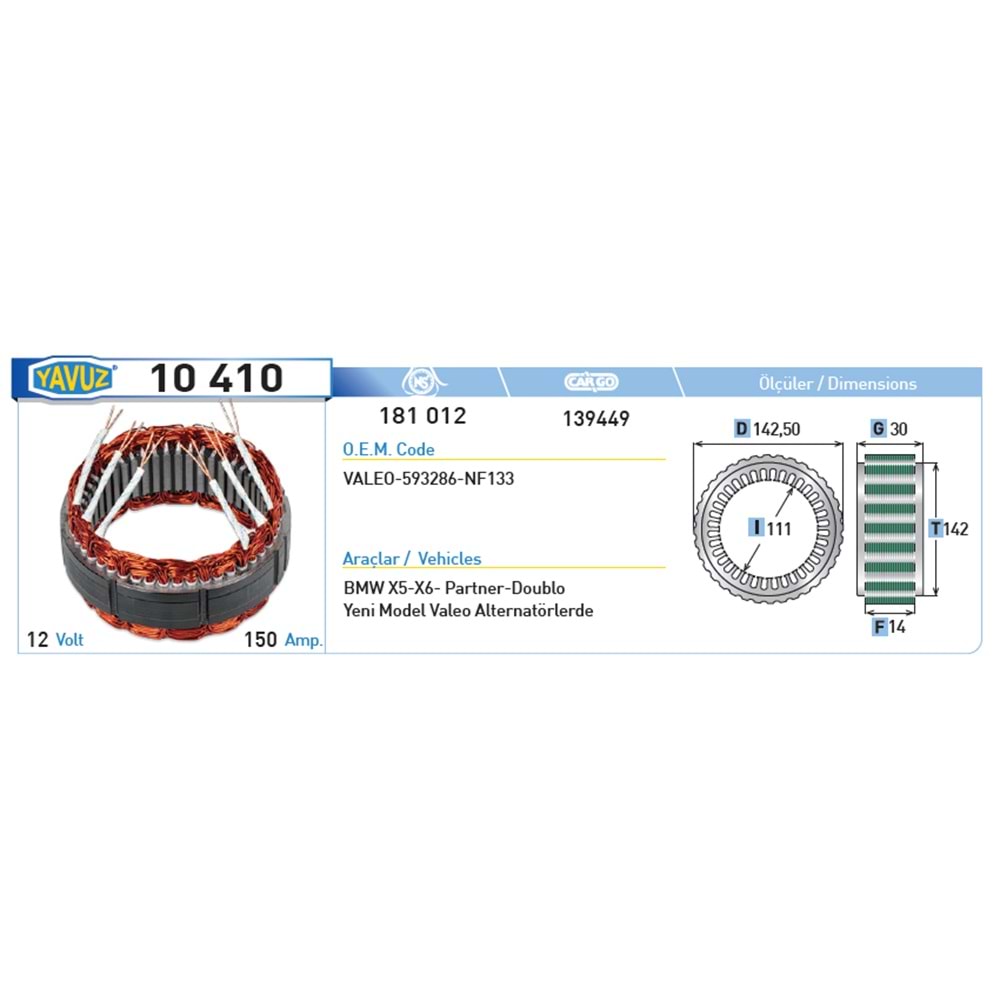 ALT STATOR 150AMP.BMW X5.X6 PARTNER-DOBLO 181012