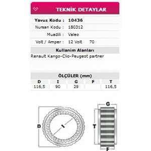 ALT STATOR RENAULT KANGOO CLIO, PEUGEOT PARTNER 12V 70A 180312