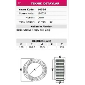 ALT STATOR BELDE OTOBUS 4 UCLU TEK CIKISLI 24V 80A 180024