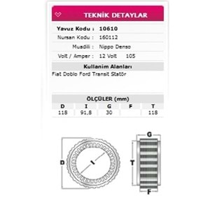 ALT STATOR FIAT DOBLO, FORD TRANSIT 12V 105A 160112