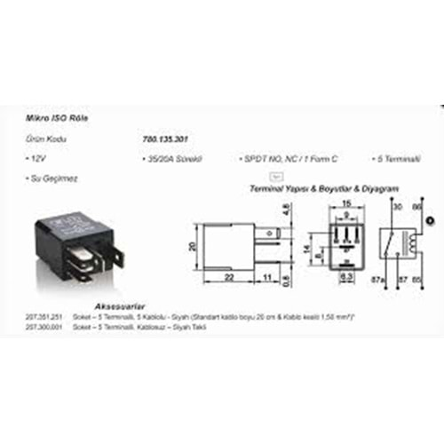 MİKRO RÖLE 12V 35A ÇİFT PLATİNLİ SU GEÇİRMEZ