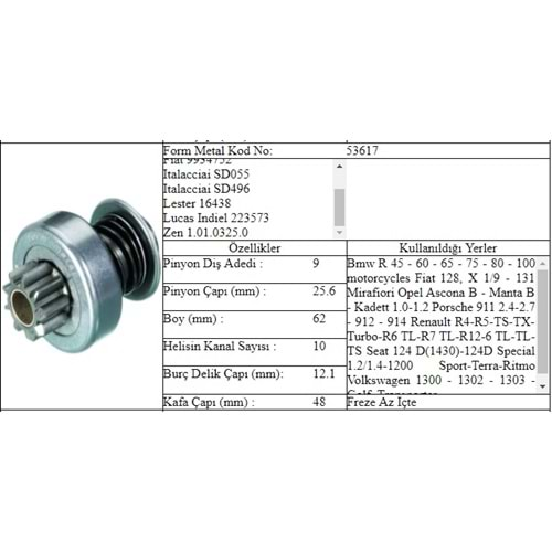 M.DİŞLİ 9 DİŞ RENAULT SEAT VW 1300