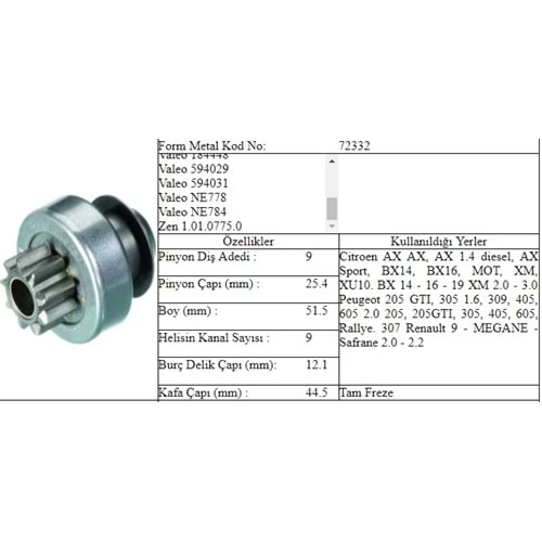 M.DİŞLİ 9 DİŞ RENAULT 19 V448