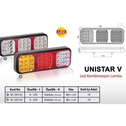 UNISTAR V LED KOMBİNASYON LAMBA KABLOLU SAĞ