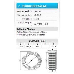 12V 85A FIAT PALİO.SİENA.ALBEA MJET.OPELCORS 10066