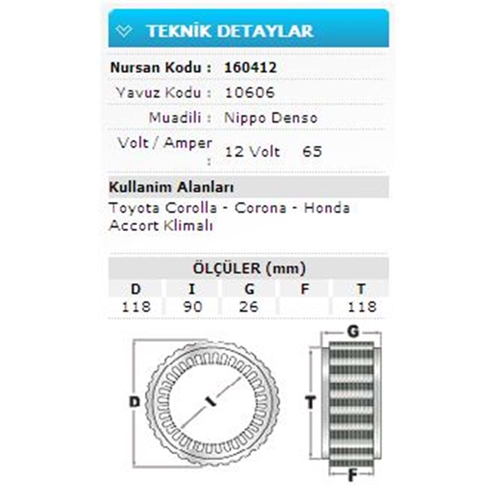 12V 65A TOYOTA COROL-CORONA-HONDA ACC.KLİM 10606