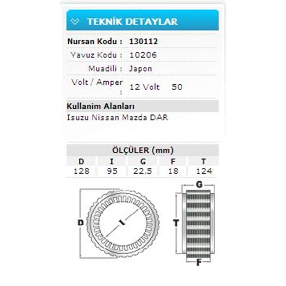 12V 50A ISUZU NISSAN MAZDA DAR 10206