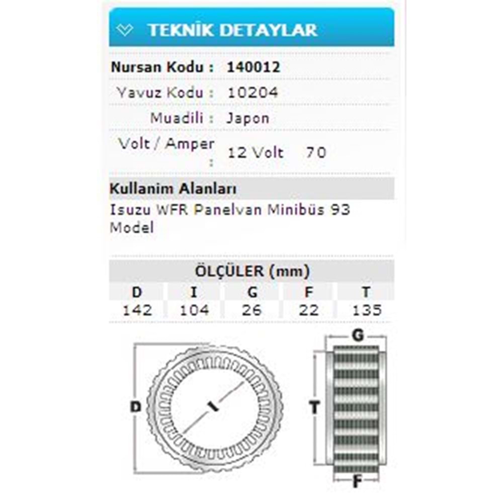 12V 70A ISUZU WFR PANELVAN MİNİBÜS 93 MODEL 10204