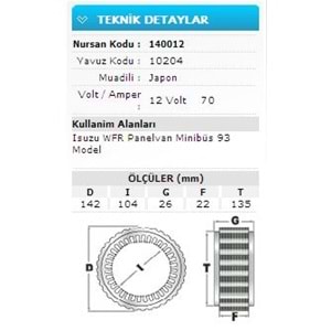 12V 70A ISUZU WFR PANELVAN MİNİBÜS 93 MODEL 10204