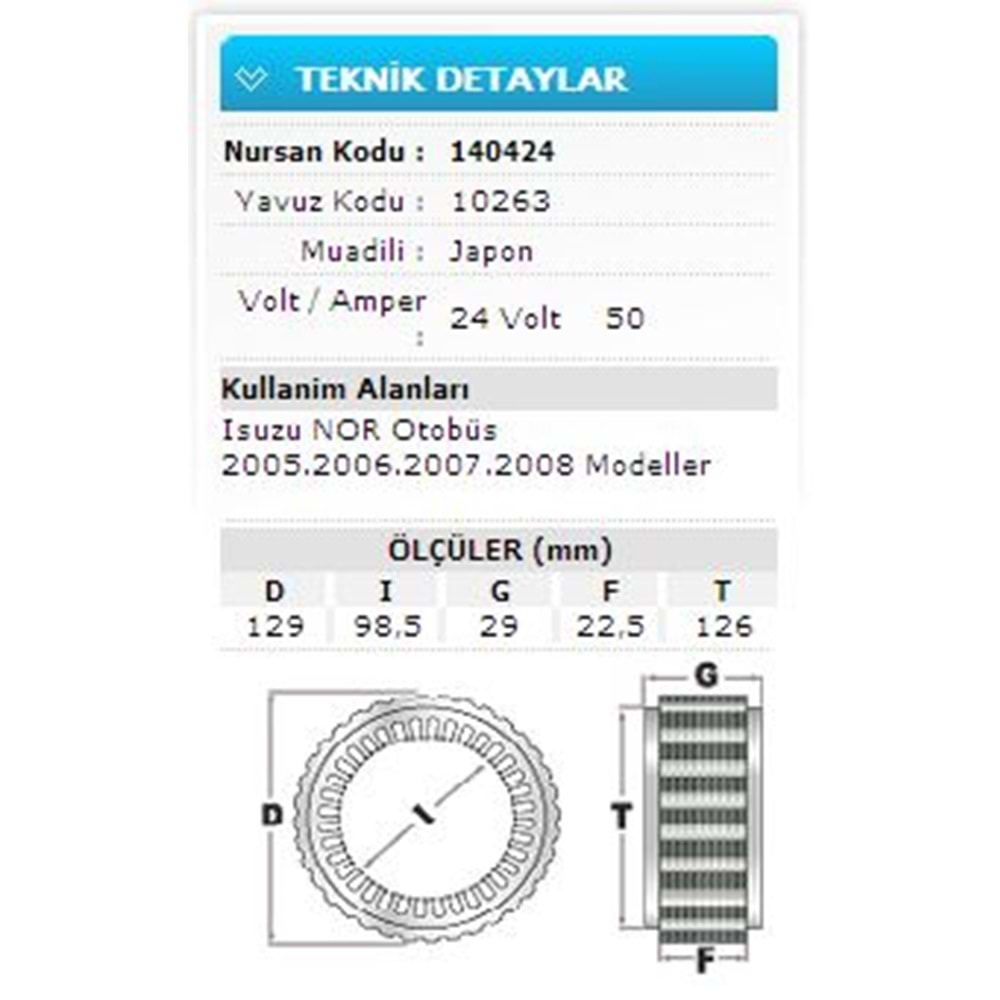 24V 50A ISUZU NOR OTOB 2005.2006.2007.2008 10263