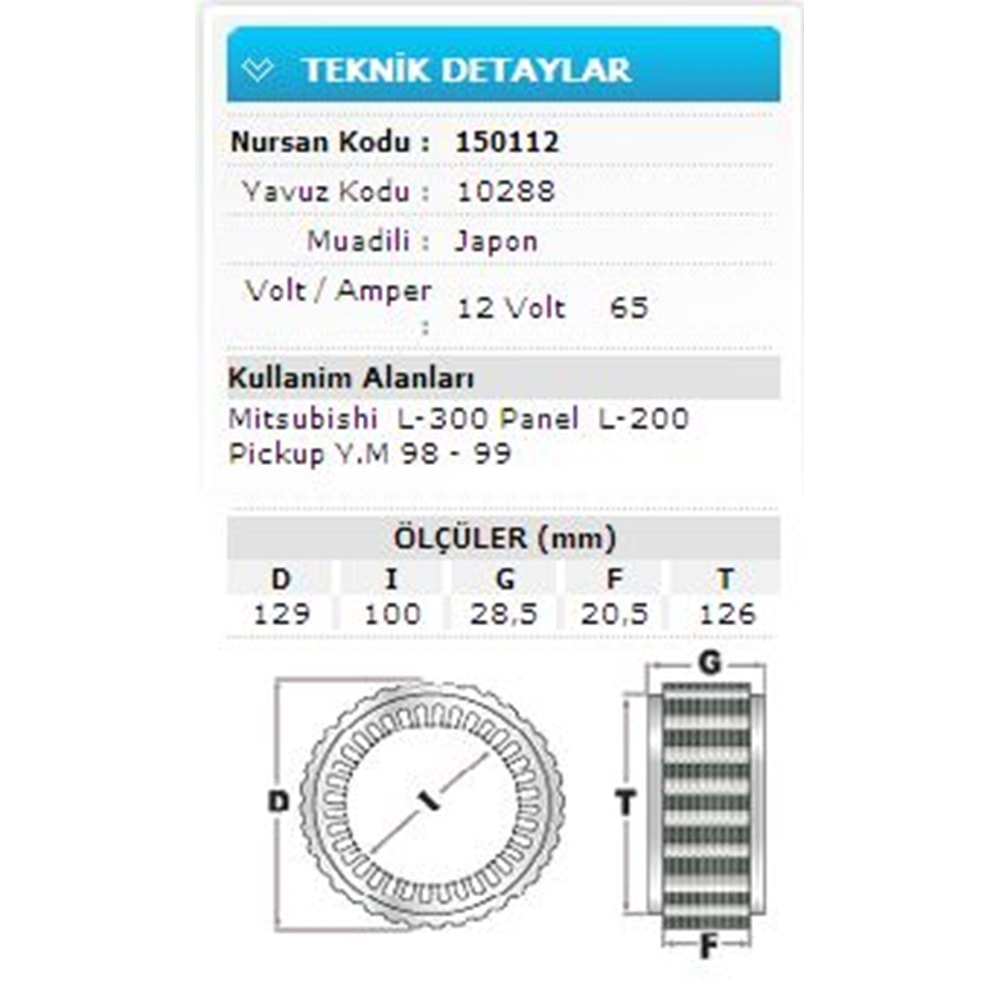 12V 65A MITSUB L-300 PANEL L-200 PİCKUP Y.M 10288