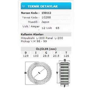 12V 65A MITSUB L-300 PANEL L-200 PİCKUP Y.M 10288