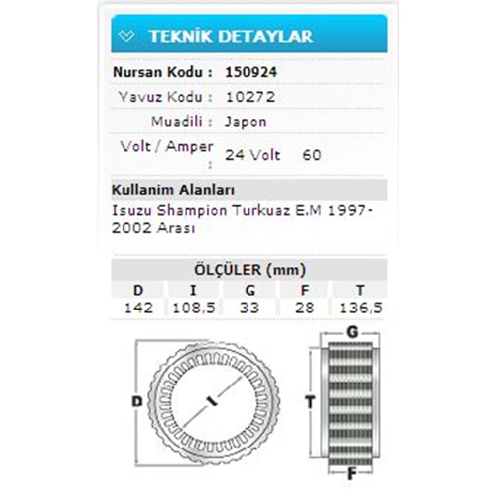 24V 60A ISUZU SHAM.TURKUAZ E.M 1997-2002 10272