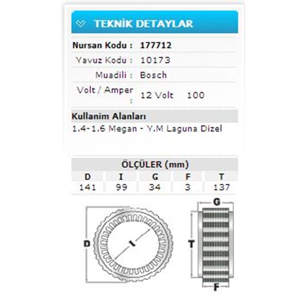REN 12V 100A 1.4-1.6 MEG.-YM LAG DİZEL181112 10173