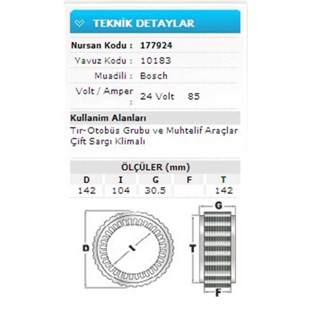 24V 85A TIR-OTOB.GRUB MUH.ARAÇ ÇİFT SAR.KLİM 10183
