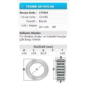 24V 85A TIR-OTOB.GRUB MUH.ARAÇ ÇİFT SAR.KLİM 10183
