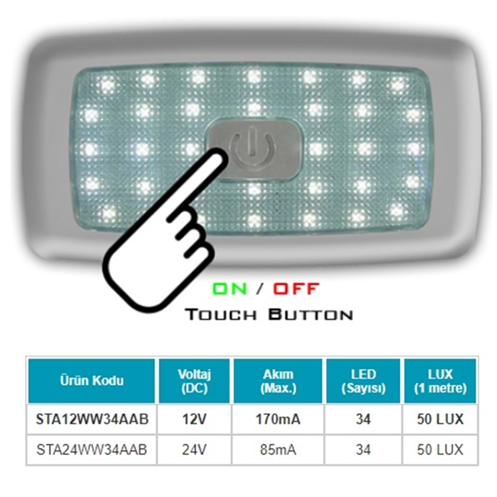 STA12W34AAB 12V 34 LEDLİ DOKUNMATİK İÇ AYD.BEYAZ